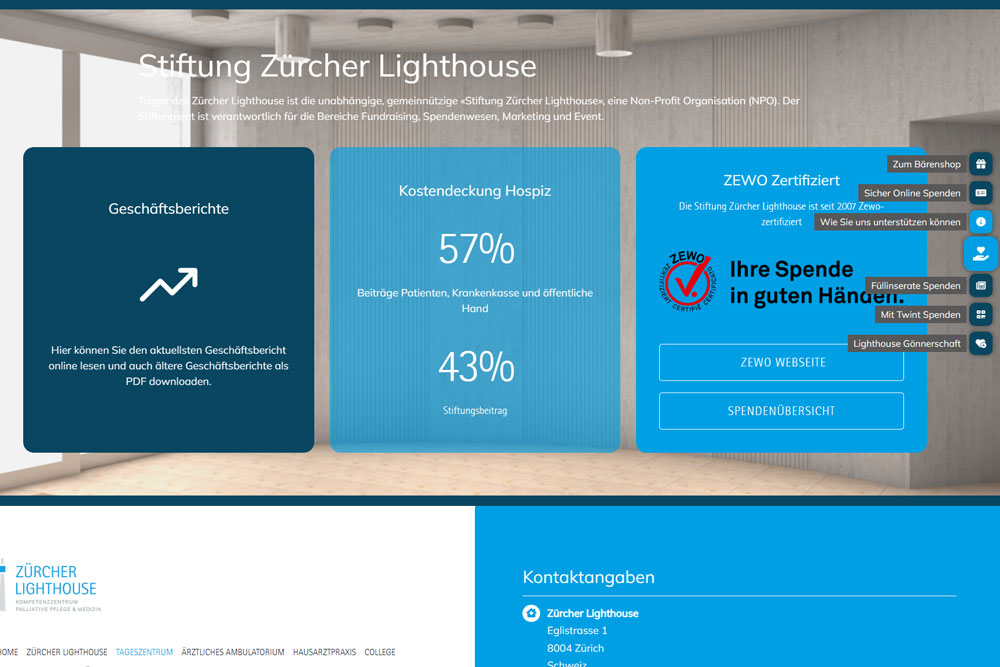 Redesign Webauftritt Stiftung Zürcher Lighthouse mit Onlineshop, CMS WordPress, responisve Webdesign für mobile Geräte, Animation, von Aquablues Medienagentur Dinhard Nähe Winterthur,