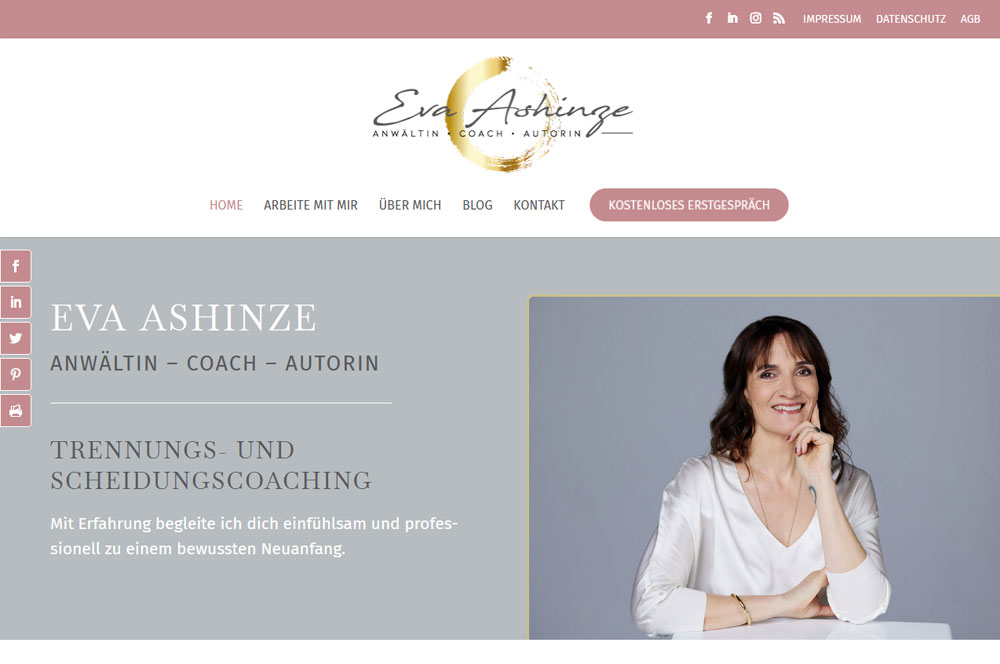 Neuer Internetauftritt für Eva Ashinze, Trennungs- und Scheidungscoaching in Winterthur. Professionelle Begleitung zu einem bewussten Neuanfang, CMS WordPress responisve Design für mobile Geräte, Animation
